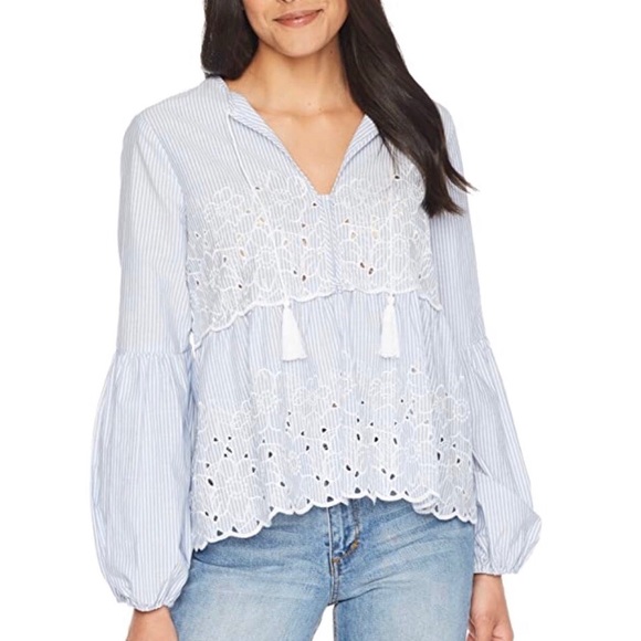CeCe Tops - CeCe Balloon Sleeve Embroidered Stripe Top size M